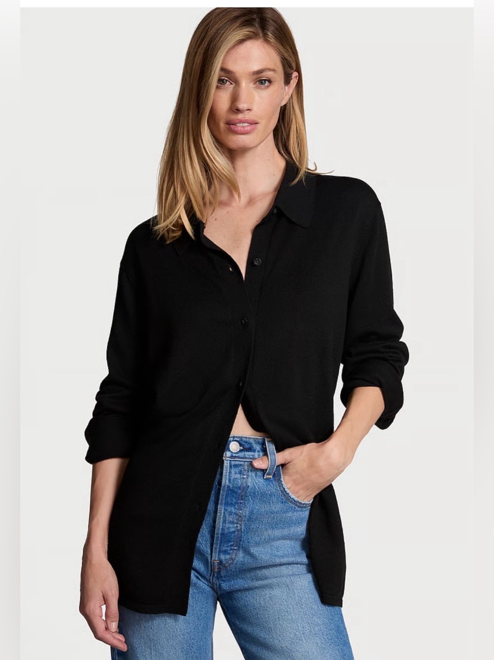 💙 NWT Victoria’s Secret Black Knit Button Up Collared Sweater XL (01490)